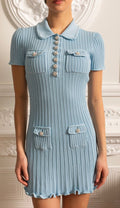 Sandro Denim-trimmed Ribbed Pointelle-knit Midi Dress