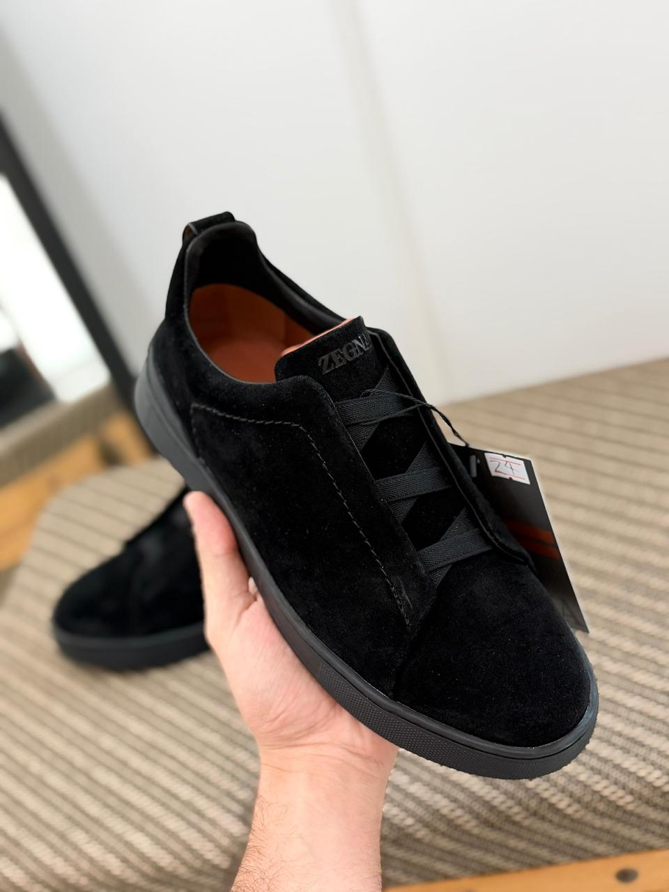ZEGNA Black Suede Triple Stitch Sneakers