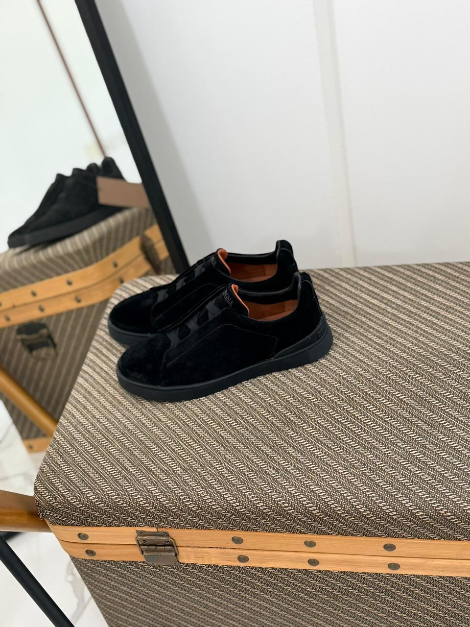 ZEGNA Black Suede Triple Stitch Sneakers