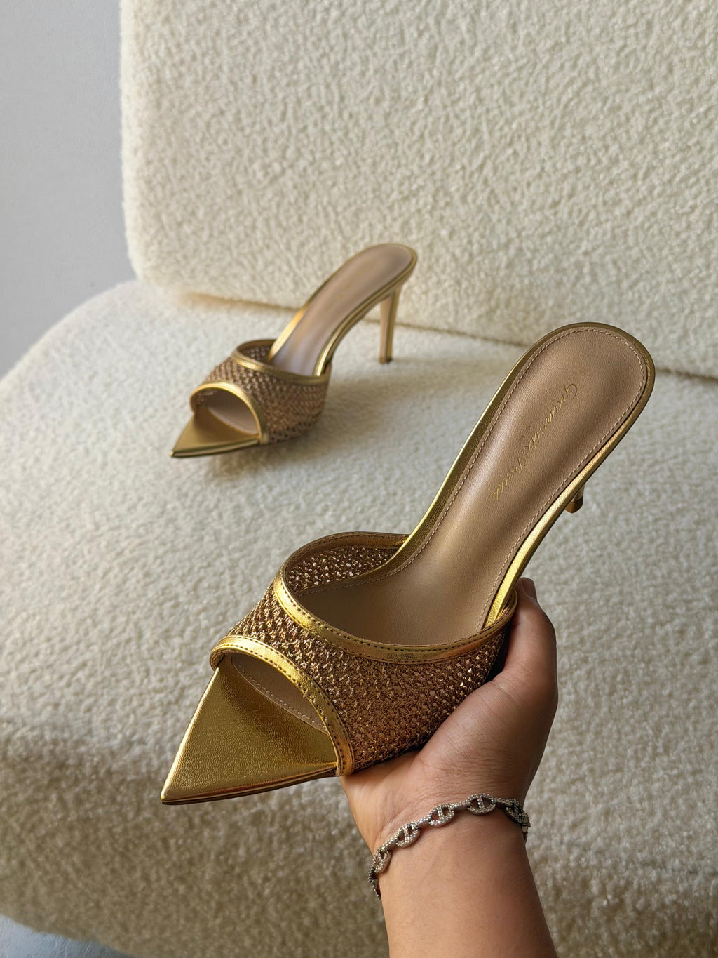 Gianvito Rossi Neutral Rania Organza Crystal Mules