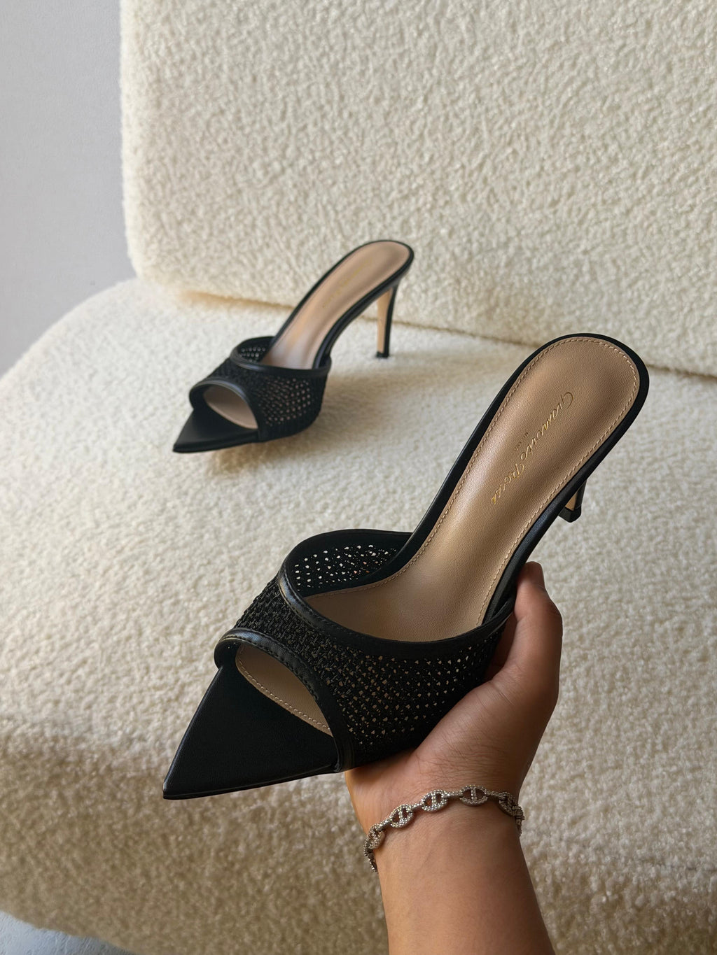 Gianvito Rossi Neutral Rania Organza Crystal Mules