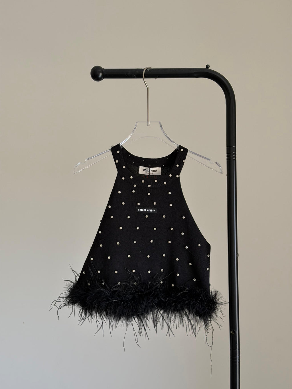 Miu Miu Embellished Feather Trim Tank Top