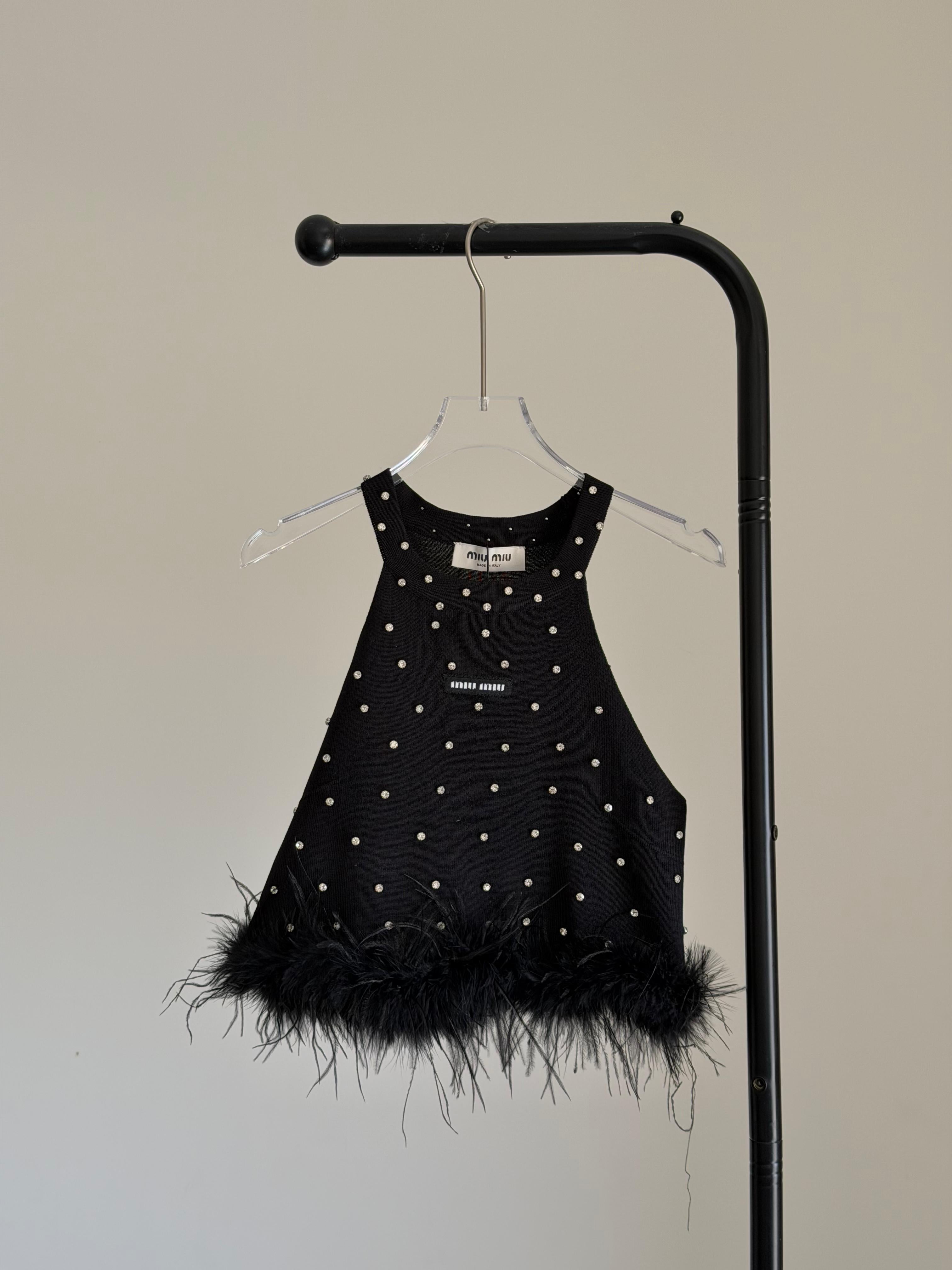 Miu Miu Embellished Feather Trim Tank Top