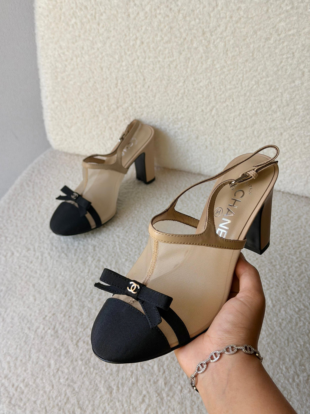 Chanel Heeled Slingbacks in Mesh and Grosgrain
