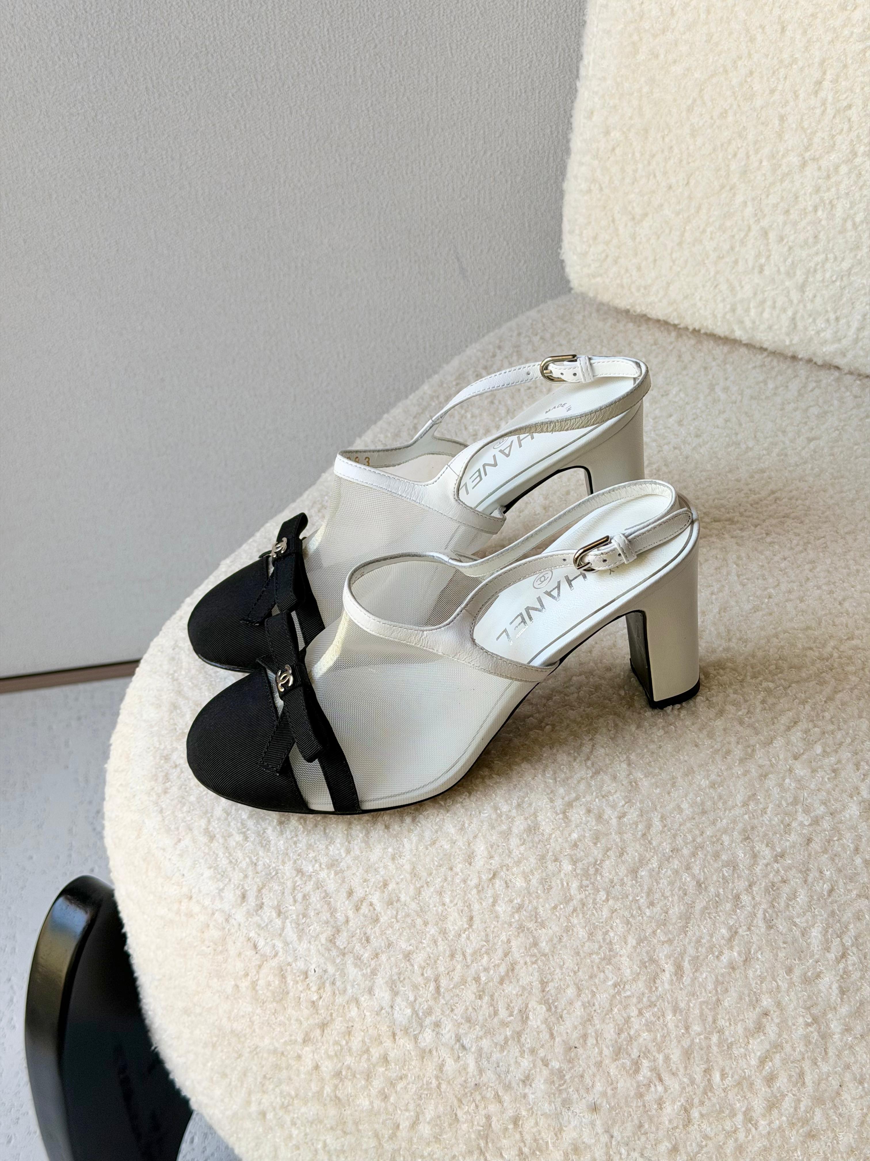 Chanel Heeled Slingbacks in Mesh and Grosgrain