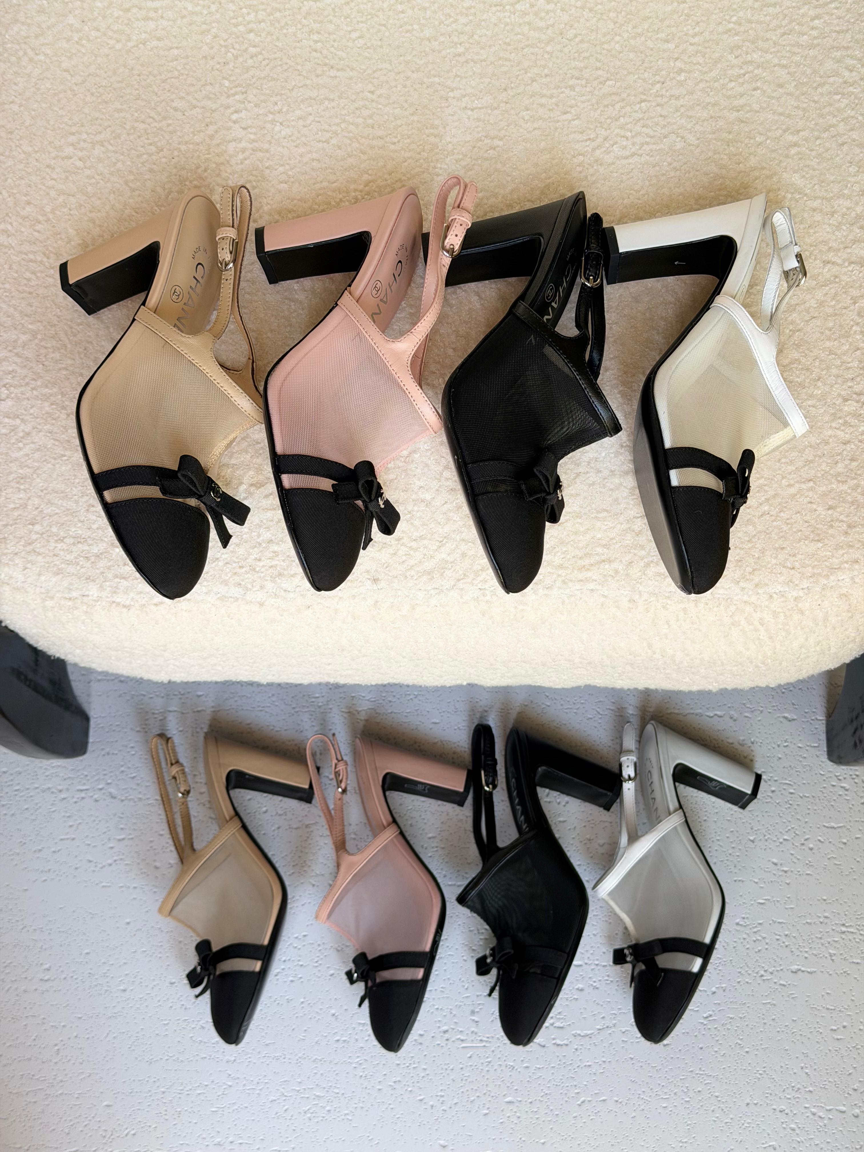 Chanel Heeled Slingbacks in Mesh and Grosgrain